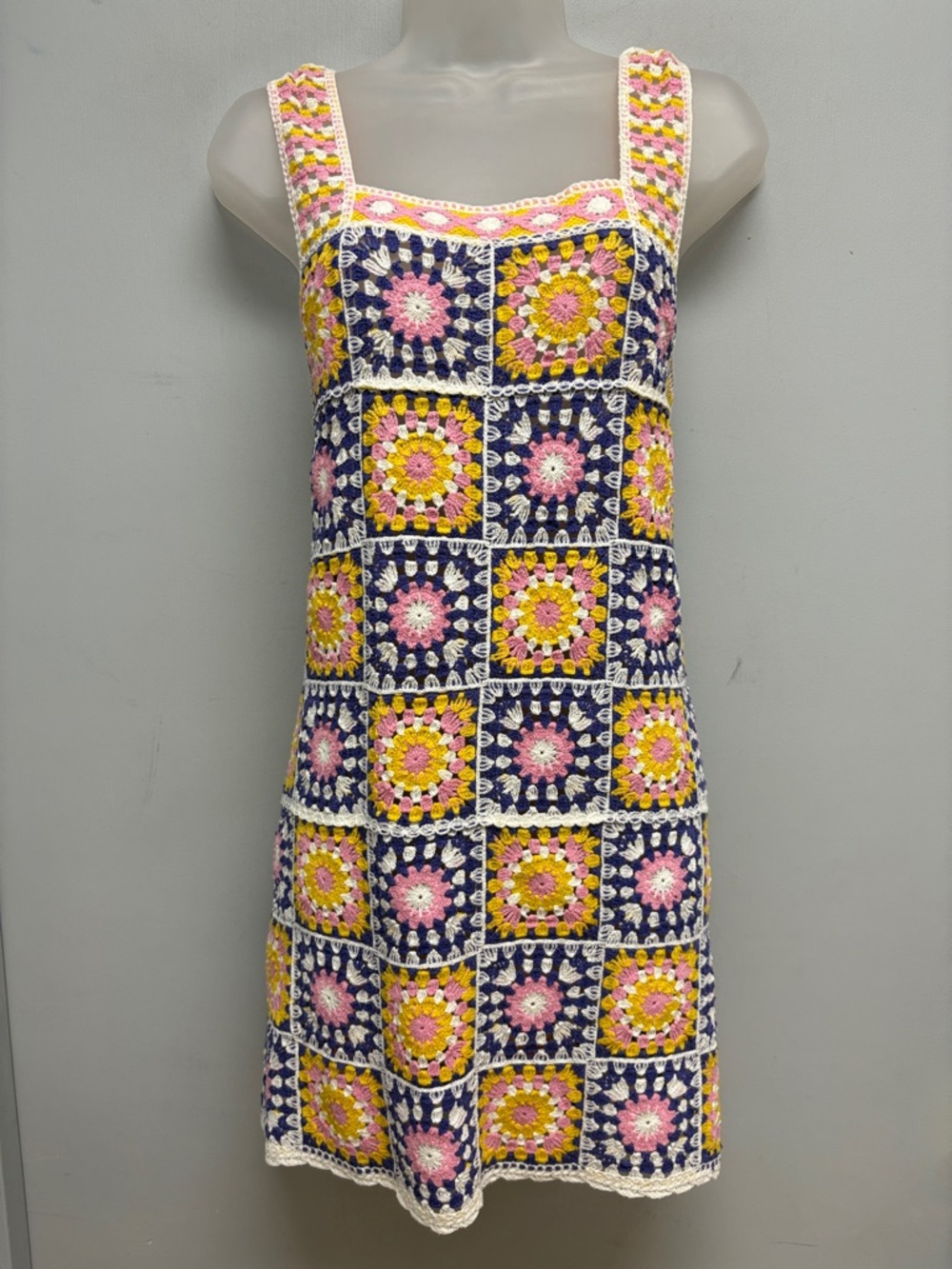 Petal Dew Crochet Granny Square Mini Dress Boho Festival Knit S/M